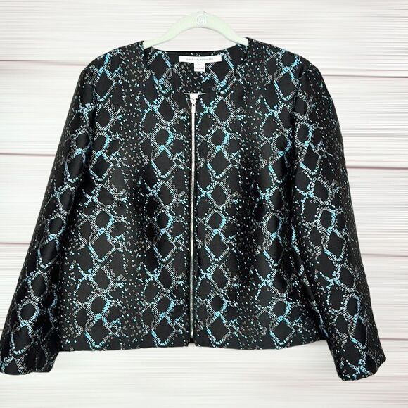Diane Von Furstenberg DVF Women Full Zip Short Boxy Blazer Jacket Black Blue 14 - Picture 2 of 12